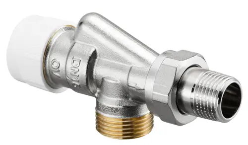 Thermostatventil von Oventrop mit einem metallischen Gehäuse, einem Anschluss mit Außengewinde und einer weißen Kunststoffkappe.